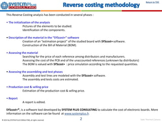 Seek Thermal Camera
Return to TOC
© 2015 by SYSTEM PLUS CONSULTING, all rights reserved. 2
This Reverse Costing analysis has been conducted in several phases :
• The initialization of the analysis
Pictures of the elements to be studied.
Identification of the components.
• Description of the material in the “SYScost+” software
Creation of an “estimation project” of the studied board with SYScost+software.
Construction of the Bill of Material (BOM).
• Assessing the material
Searching for the price of each reference among distributors and manufacturers.
Assessing the cost of the PCB and of the unaccounted references (unknown by distributors)
The BOM is valued with SYScost+ : price simulation according to the requested quantities.
• Assessing the assembling and test phases
Assembly and test lines are modeled with the SYScost+ software.
The assembly and tests costs are estimated.
• Production cost & selling price
Estimation of the production cost & selling price.
• Report
A report is edited.
SYScost+©, is a software tool developed by SYSTEM PLUS CONSULTING to calculate the cost of electronic boards. More
information on the software can be found at www.systemplus.fr.
 