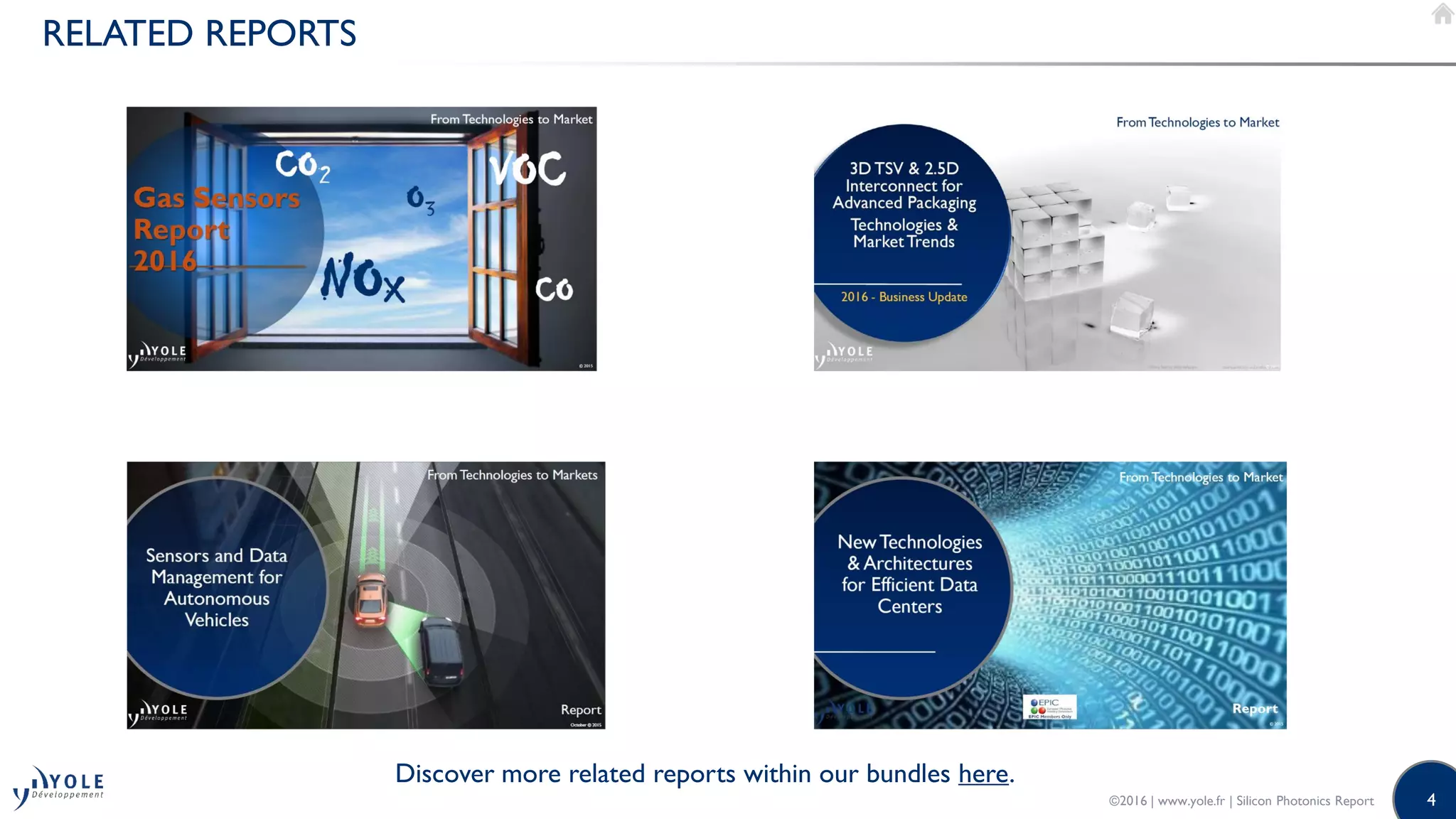 4
RELATED REPORTS
Discover more related reports within our bundles here.
©2016 | www.yole.fr | Silicon Photonics Report
 