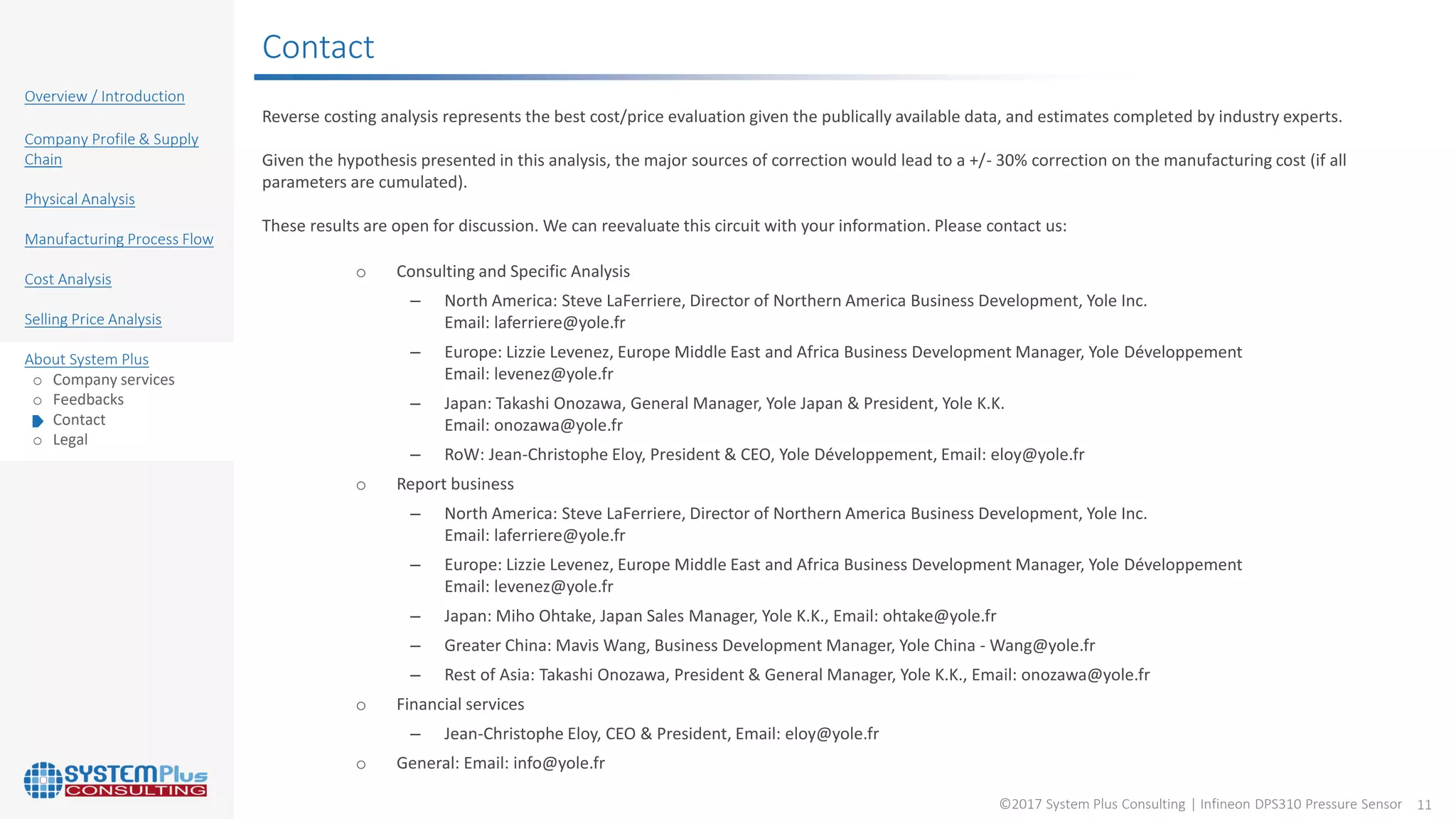 ©2017 System Plus Consulting | Infineon DPS310 Pressure Sensor 11
Overview / Introduction
Company Profile & Supply
Chain
Physical Analysis
Manufacturing Process Flow
Cost Analysis
Selling Price Analysis
About System Plus
o Company services
o Feedbacks
o Contact
o Legal
Contact
Reverse costing analysis represents the best cost/price evaluation given the publically available data, and estimates completed by industry experts.
Given the hypothesis presented in this analysis, the major sources of correction would lead to a +/- 30% correction on the manufacturing cost (if all
parameters are cumulated).
These results are open for discussion. We can reevaluate this circuit with your information. Please contact us:
o Consulting and Specific Analysis
– North America: Steve LaFerriere, Director of Northern America Business Development, Yole Inc.
Email: laferriere@yole.fr
– Europe: Lizzie Levenez, Europe Middle East and Africa Business Development Manager, Yole Développement
Email: levenez@yole.fr
– Japan: Takashi Onozawa, General Manager, Yole Japan & President, Yole K.K.
Email: onozawa@yole.fr
– RoW: Jean-Christophe Eloy, President & CEO, Yole Développement, Email: eloy@yole.fr
o Report business
– North America: Steve LaFerriere, Director of Northern America Business Development, Yole Inc.
Email: laferriere@yole.fr
– Europe: Lizzie Levenez, Europe Middle East and Africa Business Development Manager, Yole Développement
Email: levenez@yole.fr
– Japan: Miho Ohtake, Japan Sales Manager, Yole K.K., Email: ohtake@yole.fr
– Greater China: Mavis Wang, Business Development Manager, Yole China - Wang@yole.fr
– Rest of Asia: Takashi Onozawa, President & General Manager, Yole K.K., Email: onozawa@yole.fr
o Financial services
– Jean-Christophe Eloy, CEO & President, Email: eloy@yole.fr
o General: Email: info@yole.fr
 