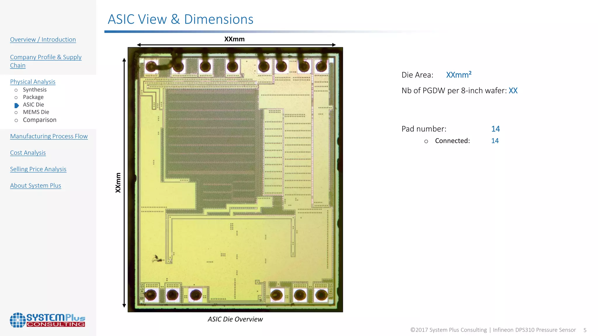 ©2017 System Plus Consulting | Infineon DPS310 Pressure Sensor 5
Overview / Introduction
Company Profile & Supply
Chain
Physical Analysis
o Synthesis
o Package
o ASIC Die
o MEMS Die
o Comparison
Manufacturing Process Flow
Cost Analysis
Selling Price Analysis
About System Plus
ASIC View & Dimensions
XXmm
XXmm
Die Area: XXmm²
Nb of PGDW per 8-inch wafer: XX
Pad number: 14
o Connected: 14
ASIC Die Overview
 