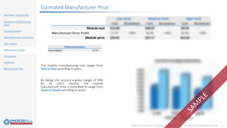 ©2018 by System Plus Consulting | STMicroelectronics SiC Module in Tesla Model3 Inverter 17
Overview / Introduction
Company Profile & Supply
Chain
Physical Analysis
Manufacturing Process Flow
Cost Analysis
Selling Price Analysis
Comparison
Feedback
About System Plus
Estimated Manufacturer Price
The module manufacturing cost ranges from
$xxx to $xxx according to years.
By taking into account a gross margin of 39%
for ST (2017 results), the module
manufacturer price is estimated to range from
$xxxx to $xxxxx according to years.
Gross Margin 39.0%
STMicroelectronics
 