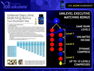 UNILEVEL EXECUTIVE
       MATCHING BONUS
U

                  SAME RANK
                     LEVELS
        Level 1
                  UNLIMITED
                    INCOME
        Level 2

                   DYNAMIC
                  COMPRESS

        Level 3
          UP TO 10 LEVELS
              COMPRESSED
 