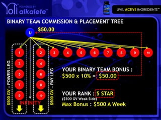 BINARY TEAM COMMISSION & PLACEMENT TREE
            $50.00
                          U



                      1       2                  3       4      5       6    7   8   9   10
$500 GV – POWER LEG




                      3       4
                                                       YOUR BINARY TEAM BONUS :
                                   $500 GV – PAY LEG




                      5       6
                                                       $500 x 10% = $50.00
                      7       8

                      9       10                       YOUR RANK : 5 STAR
                                                       ($500 GV Weak Side)
                      INFINITY                         Max Bonus : $500 A Week
 