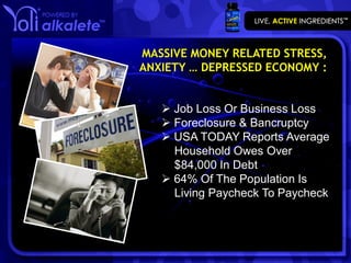 MASSIVE MONEY RELATED STRESS,
ANXIETY … DEPRESSED ECONOMY :


    Job Loss Or Business Loss
    Foreclosure & Bancruptcy
    USA TODAY Reports Average
     Household Owes Over
     $84,000 In Debt
    64% Of The Population Is
     Living Paycheck To Paycheck
 