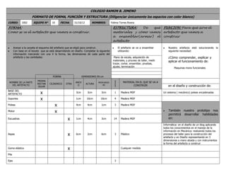 COLEGIO RAMON B. JIMENO
                      FORMATO DE FORMA, FUNCIÓN Y ESTRUCTURA (Diligenciar únicamente los espacios con color blanco)
CURSO:        1002      EQUIPO N°      10     FECHA:      31/10/12       NOMBRES:          Yolima Torres Rivera

FORMA:                                                                                      ESTRUCTURA:    De   qué FUNCION: Para qué sirve el
Como se ve el artefacto que vamos a construir.                                              materiales y cómo vamos artefacto que vamos a
                                                                                            a ensamblar(armar) el construir
                                                                                            artefacto

       Anexar a la carpeta el esquema del artefacto que se eligió para construir.                        El artefacto se va a ensamblar       Nuestro artefacto está solucionando la
       Con base en el boceto que se está desarrollando en diseño. Completar la siguiente                 utilizando:                          siguiente necesidad:
       información marcando con una X la forma, las dimensiones de cada parte del
       artefacto y las cantidades.                                                           Plano de escala, adquisición de                  ¿Cómo comprender, explicar y
                                                                                            materiales, y proceso de taller, medir            aplicar el funcionamiento de:
                                                                                            trazar, cortar, ensamblar, pruebas,
                                                                                            ajuste, terminación                                    Maquinas mono funcionales


                                        FORMA                     DIMENSIONES EN cm
                           PRISMA




                                                                                              CANTIDAD
 NOMBRE DE LA PARTE                                        ANCH                PROFUNDID                     MATERIAL EN EL QUE SE VA A
                           RECTAN    CILINDRICO    OTRA              ALTURA
   DEL ARTEFACTO                                            O                     AD                                CONSTRUIR                 en el diseño y construcción de:
                           GULAR
BASE DEL
ARTEFACTO                    x                             3cm        3cm        3cm          1            Madera MDF                     Un sistema ( mecánico) poleas encadenadas

Soportes                     x                             1cm        10cm      10cm          4            Madera MDF

Poleas                                   x                 4cm        4cm        1cm          3            Madera MDF

Motor                                    x                                                                                                    También nuestro prototipo nos
                                                                                                                                              permitirá desarrollar habilidades
Escuadras                                           x      1cm        4cm        3cm         14            Madera MDF                         en:

                                                                                                                                          Informática: en el diseño de un blog aplicando
                                                                                                                                          todos los conocimientos en el manejo de la
                                                                                                                                          información en Mecánica: realizando todos los
Aspas                                               x      6cm        2cm        6cm          3            Plástico                       procesos del taller para la construcción del
                                                                                                                                          artefacto y en Diseño representando en 3
                                                                                                                                          dimensiones a mano alzada y con instrumentos
                                                                                                                                          la forma del artefacto a construir
Goma elástica                                       x                                                      Cualquier medida

Pila

Ejes                                                                                          3
 