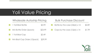 Yoli Value Pricing
    Wholesale Autoship Pricing                  Bulk Purchase Discount
   1 Yoli Blast Bottle            $3.99       Bottle by the case (24pk) x 14   $2.89

   Min Bottle Order (6pack)       $23.99      Caps by the case (12pk) x 14     $1.99

   1 Yoli Blast Cap               $2.49

   Min Blast Cap Order (12pack)   $29.99
 