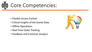 Core Competencies:
• Flexible Access Control
• Critical Insights of the Events Data
• Offline Operations
• Real-Time Order Tracking
• Feedback and Customer Analysis
 