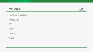今回の環境
SP1901-E04
Linux(Debian 9.6 x86_64)
Python 2.7, 3.5
GCC
CUDA
OpenCV
Yolo v3
4
 