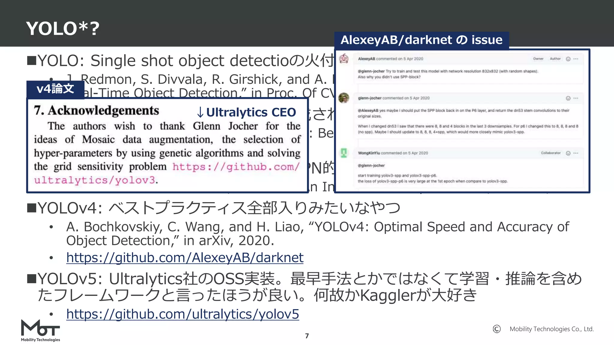 Mobility Technologies Co., Ltd.
YOLO: Single shot object detectioの火付け役
• J. Redmon, S. Divvala, R. Girshick, and A. Farhadi, “You Only Look Once: Unified,
Real-Time Object Detection,” in Proc. Of CVPR, 2016.
YOLOv2: FCN化、k-meansにより作成されたアンカーベースの検出
• J. Redmon and A. Farhadi, “YOLO9000: Better, Faster, Stronger,” in Proc. Of CVPR,
2017.
YOLOv3: より強力なバックボーン、FPN的構造、複数解像度の特徴からの検出
• J. Redmon and A. Farhadi, “YOLOv3: An Incremental Improvement,” in arXiv, 2018.
YOLOv4: ベストプラクティス全部入りみたいなやつ
• A. Bochkovskiy, C. Wang, and H. Liao, “YOLOv4: Optimal Speed and Accuracy of
Object Detection,” in arXiv, 2020.
• https://github.com/AlexeyAB/darknet
YOLOv5: Ultralytics社のOSS実装。最早手法とかではなくて学習・推論を含め
たフレームワークと言ったほうが良い。何故かKagglerが大好き
• https://github.com/ultralytics/yolov5
YOLO*?
7
↓Ultralytics CEO
v4論文
AlexeyAB/darknet の issue
 
