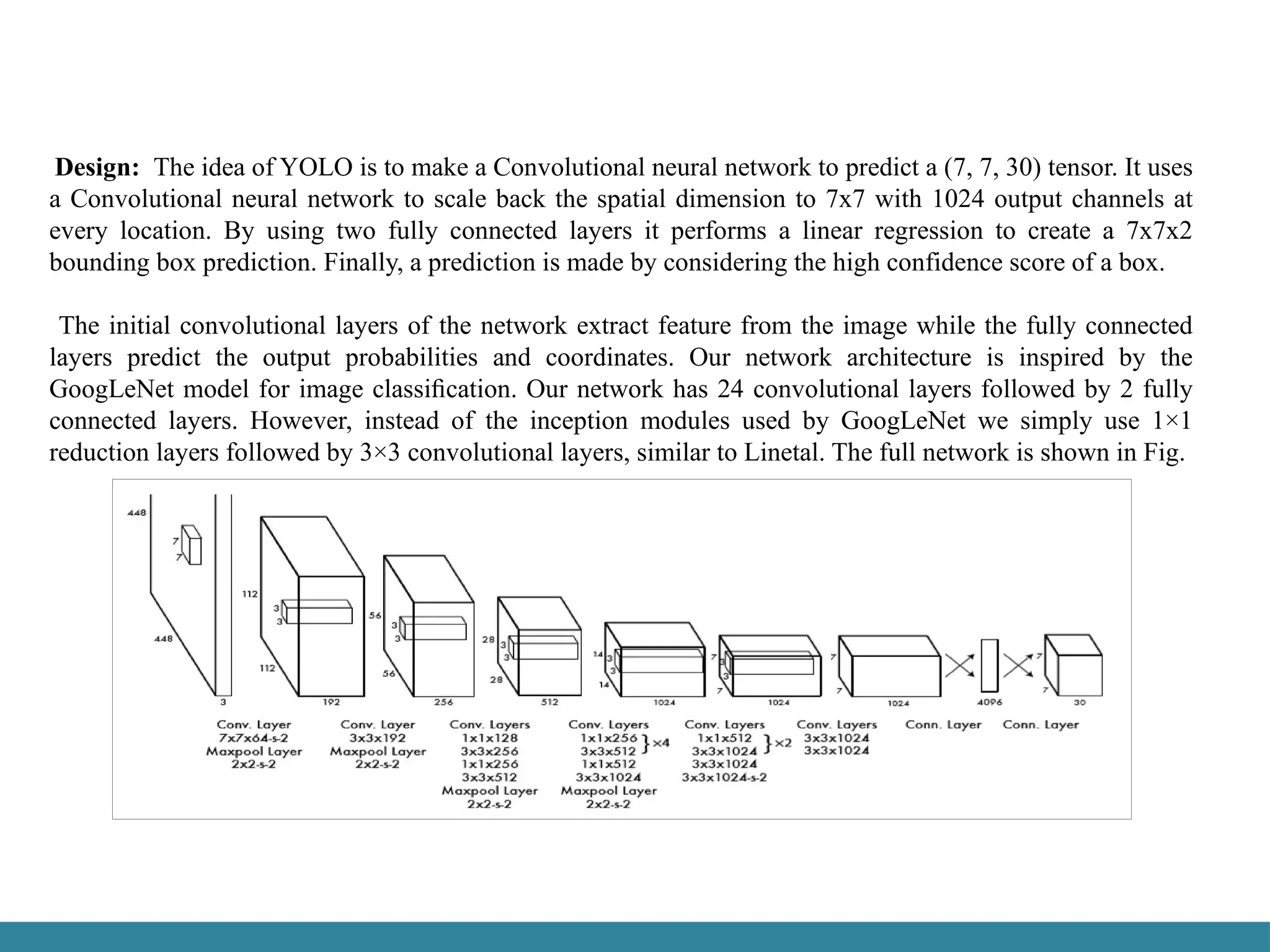 Design: The idea of YOLO is to make a Convolutional neural network to predict a (7, 7, 30) tensor. It uses
a Convolutional neural network to scale back the spatial dimension to 7x7 with 1024 output channels at
every location. By using two fully connected layers it performs a linear regression to create a 7x7x2
bounding box prediction. Finally, a prediction is made by considering the high confidence score of a box.
The initial convolutional layers of the network extract feature from the image while the fully connected
layers predict the output probabilities and coordinates. Our network architecture is inspired by the
GoogLeNet model for image classiﬁcation. Our network has 24 convolutional layers followed by 2 fully
connected layers. However, instead of the inception modules used by GoogLeNet we simply use 1×1
reduction layers followed by 3×3 convolutional layers, similar to Linetal. The full network is shown in Fig.
 
