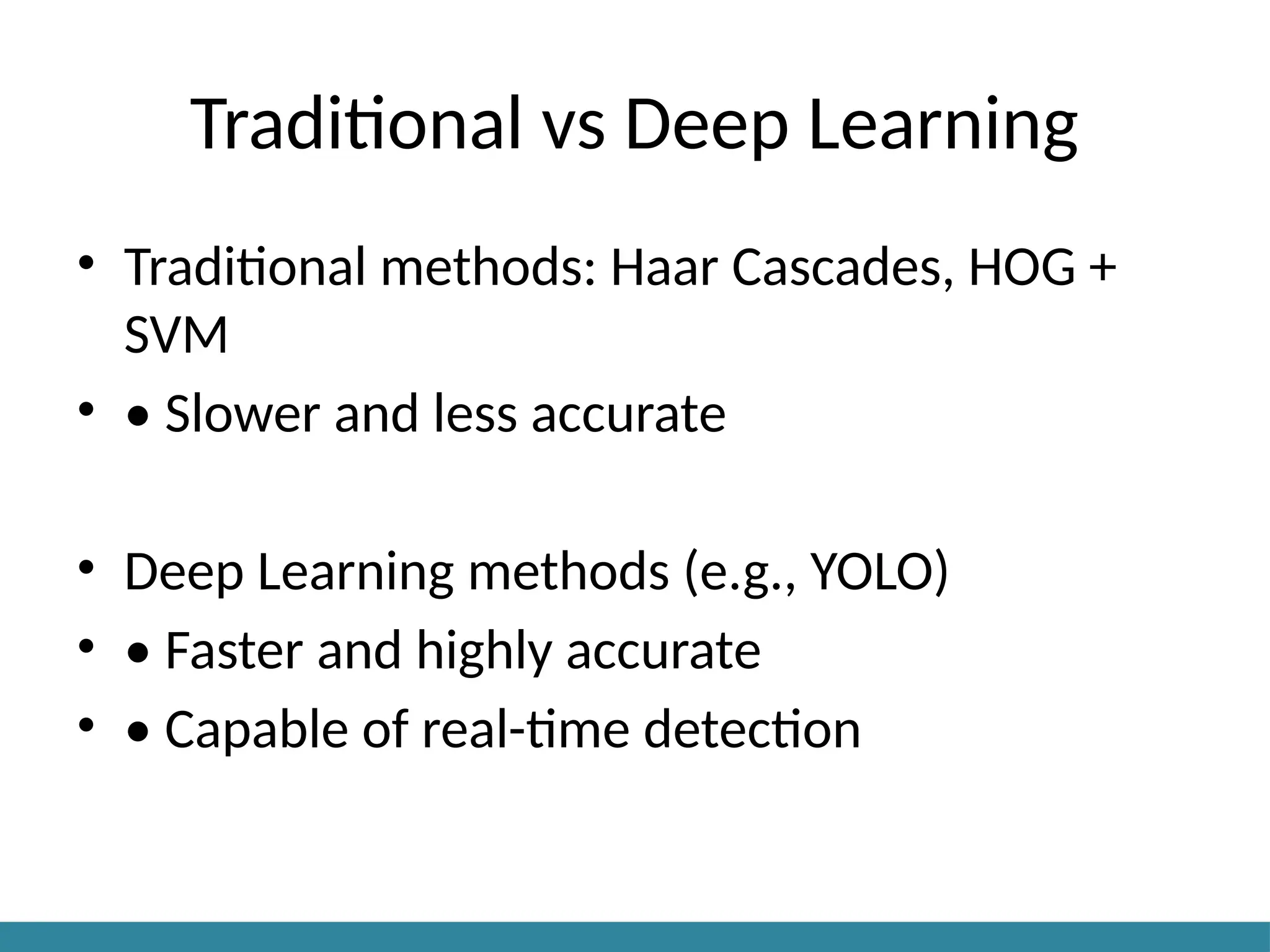 Traditional vs Deep Learning
• Traditional methods: Haar Cascades, HOG +
SVM
• • Slower and less accurate
• Deep Learning methods (e.g., YOLO)
• • Faster and highly accurate
• • Capable of real-time detection
 