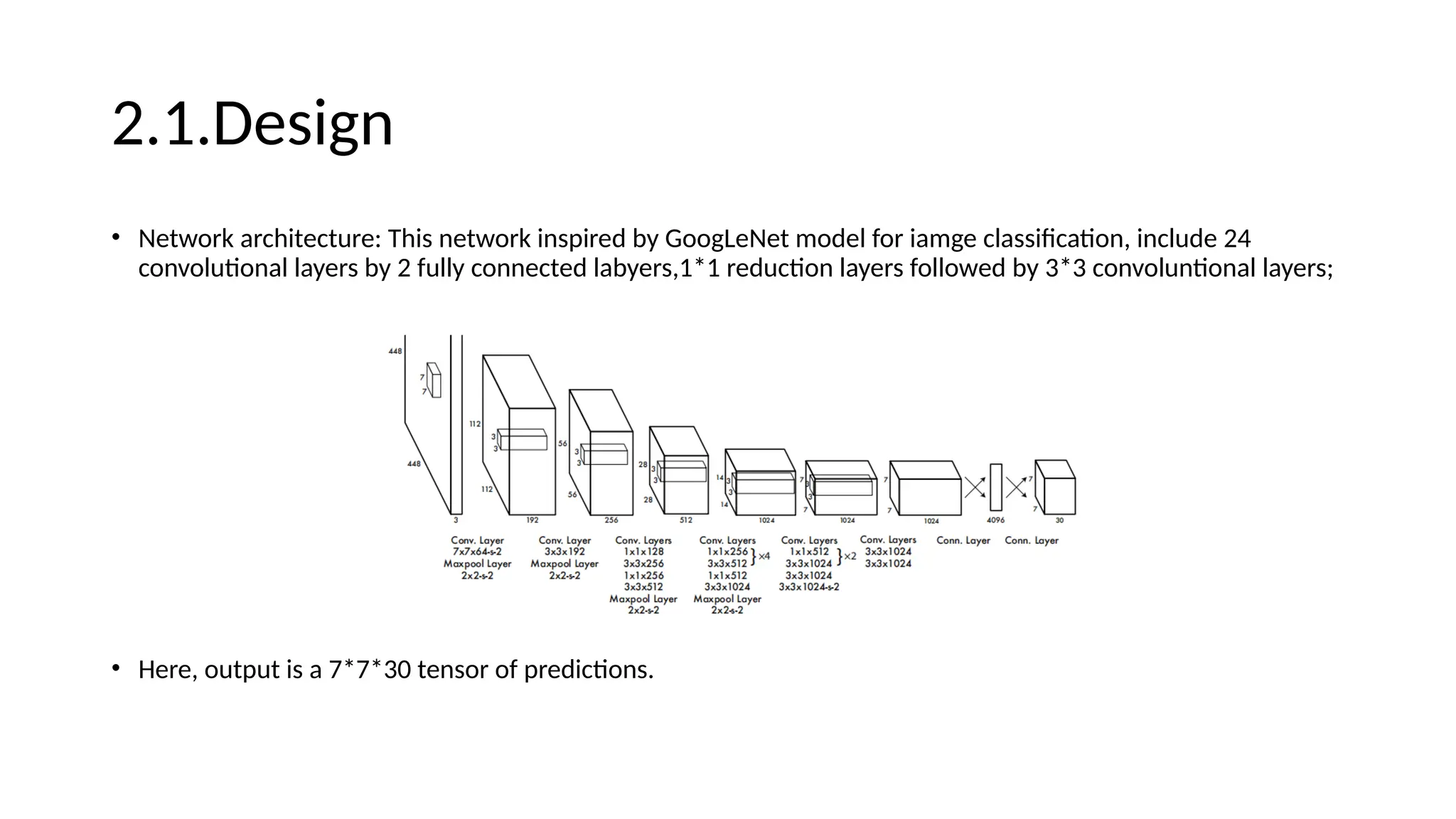 2.1.Design
• Network architecture: This network inspired by GoogLeNet model for iamge classification, include 24
convolutional layers by 2 fully connected labyers,1*1 reduction layers followed by 3*3 convoluntional layers;
• Here, output is a 7*7*30 tensor of predictions.
 