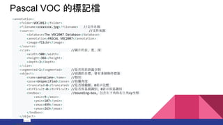 Pascal VOC Ęӛn
<annotation>
<folder>VOC2012</folder>
<filename>xxxxxxxx.jpg</filename> //ļQ
<source> //ļԴ
<database>The VOC2007 Database</database>
<annotation>PASCAL VOC2007</annotation>
<image>flickr</image>
</source>
<size> //DƬL
<width>500</width>
<height>366</height>
<depth>3</depth>
</size>
<segmented>1</segmented> //ǷZxָ
<object> //ɜyĿˣж˺
<name>aeroplane</name> //e
<pose>Unspecified</pose> //ĔzǶ
<truncated>0</truncated> //Ƿ񱻽ؔࡢ0ʾ
<difficult>0</difficult> //ǷױRe0ʾRe
<bndbox> //bounding-box, ½ǺϽxy
<xmin>9</xmin>
<ymin>107</ymin>
<xmax>499</xmax>
<ymax>263</ymax>
</bndbox>
</object>
...
 