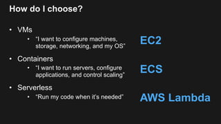 How do I choose?
• VMs
• “I want to configure machines,
storage, networking, and my OS”
• Containers
• “I want to run servers, configure
applications, and control scaling”
• Serverless
• “Run my code when it’s needed”
EC2
ECS
AWS Lambda
 