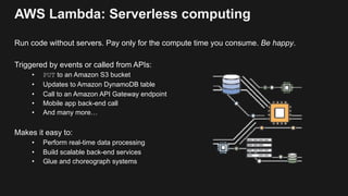 AWS Lambda: Serverless computing
Run code without servers. Pay only for the compute time you consume. Be happy.
Triggered by events or called from APIs:
• PUT to an Amazon S3 bucket
• Updates to Amazon DynamoDB table
• Call to an Amazon API Gateway endpoint
• Mobile app back-end call
• And many more…
Makes it easy to:
• Perform real-time data processing
• Build scalable back-end services
• Glue and choreograph systems
 