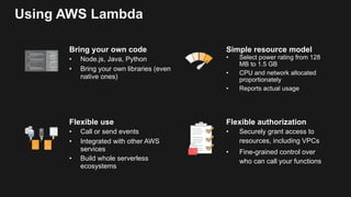 Using AWS Lambda
Bring your own code
• Node.js, Java, Python
• Bring your own libraries (even
native ones)
Simple resource model
• Select power rating from 128
MB to 1.5 GB
• CPU and network allocated
proportionately
• Reports actual usage
Flexible authorization
• Securely grant access to
resources, including VPCs
• Fine-grained control over
who can call your functions
Flexible use
• Call or send events
• Integrated with other AWS
services
• Build whole serverless
ecosystems
 