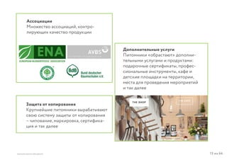 13 из 64ВЫСШАЯ ШКОЛА БРЕНДИНГА
Ассоциации
Множество ассоциаций, контро-
лирующих качество продукции
Защита от копирования
Крупнейшие питомники вырабатывают
свою систему защиты от копирования
– чипование, маркировка, сертифика-
ция и так далее
Дополнительные услуги
Питомники «обрастают» дополни-
тельными услугами и продуктами:
подарочные сертификаты, профес-
сиональные инструменты, кафе и
детские площадки на территории,
места для проведения мероприятий
и так далее
 