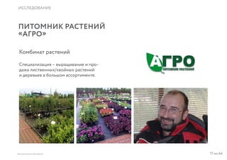 17 из 64ВЫСШАЯ ШКОЛА БРЕНДИНГА
ИССЛЕДОВАНИЕ
ПИТОМНИК РАСТЕНИЙ
«АГРО»
Комбинат растений
Специализация – выращивание и про-
дажа лиственных/хвойных растений
и деревьев в большом ассортименте.
 