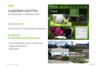 26 из 64ВЫСШАЯ ШКОЛА БРЕНДИНГА
САДОВЫЕ ЦЕНТРЫ
ОПТОВИКИ И ПЕРЕКУПЫ
b2b
Стать местом постоянных покупок
ЧЕГО ХОТЯТ?
В РАБОТЕ
С ПИТОМНИКОМ ВАЖНО:
• Соотношение цены и качества
• Приживаемость
• Доверие
 