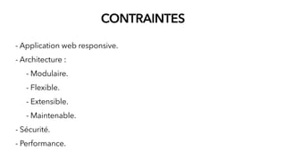 CONTRAINTES
- Application web responsive.
- Architecture :
- Modulaire.
- Flexible.
- Extensible.
- Maintenable.
- Sécurité.
- Performance.
 