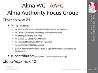 Alma-WG - AAFG
Alma Authority Focus Group
 21‫ספריות‬ ‫אנשי‬
 9 members
 1 x Austria (Österreichische Bibliothekenverbund Service)
 1 x Canada (Memorial University of Newfoundland)
 1 x Israel (University of Haifa)
 1 x Mexico (El Colegio de México)
 1 x Norway (National Library of Norway)
 1 x Switzerland (BCU Lausanne)
 3 x USA (Harvard University ; Kansas State University ; University of
Minnesota)
 12 contributors (UK ; USA ; Canada ; Austria ; Italy)
 12‫אקסליבריס‬ ‫אנשי‬
 