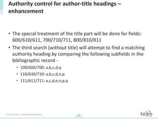 © 2019 Ex Libris | Confidential & Proprietary
21
• The special treatment of the title part will be done for fields:
600/610/611, 700/710/711, 800/810/811
• The third search (without title) will attempt to find a matching
authority heading by comparing the following subfields in the
bibliographic record -
• 100/600/700: a,b,c,d,q
• 110/610/710: a,b,c,d,n,p
• 111/611/711: a,c,d,e,n,p,q
Authority control for author-title headings –
enhancement
 