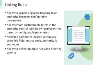 32
Linking Rules
• Ability to skip linking a bib heading to an
authority based on configurable
parameters.
• Ability create customizable filters in the
authority control task list by tagging entries
based on configurable parameters.
• Available parameter include vocabulary
code, bib field, source code, authority id
and more
• Ability to define multiple rules and order by
priority
 
