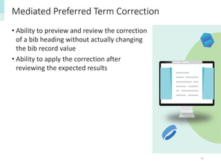 34
Mediated Preferred Term Correction
• Ability to preview and review the correction
of a bib heading without actually changing
the bib record value
• Ability to apply the correction after
reviewing the expected results
 