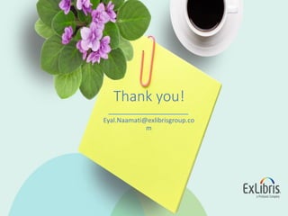 Thank you!
Eyal.Naamati@exlibrisgroup.co
m
 