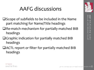 AAFG discussions
Scope of subfields to be included in the Name
part matching for Name/Title headings
Re-match mechanism for partially matched BIB
headings
Graphic indication for partially matched BIB
headings
ACTL report or filter for partially matched BIB
headings
 