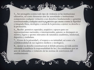 5._ Ser protegidos contra todo tipo de violencia en las instituciones
educativas, así como denunciar ante las autoridades e instituciones
competentes cualquier violación a sus derechos fundamentales o garantías
constitucionales, cualquier acción u omisión que atente contra la dignidad
e integrada física, sicológica o sexual de la persona; a ejercer su derecho a
la protección;
6._ Recibir permisos especiales, auspicios y apoyos para sus
representaciones nacionales o internacionales, quienes se destaquen en
méritos, logros y aportes relevantes de naturaleza académica, intelectual,
deportiva y ciudadana.
7._ Gozar de la privacidad y el respeto a su intimidad, así como a la
confidencialidad de sus registros médicos y sicológicos.
8._ ejercer su derecho constitucional al debido proceso, en toda acción
orientada a establecer la responsabilidad de las y los estudiantes por un
acto de indisciplina o violatorio de las normas de convivencia del
establecimiento.
10
 