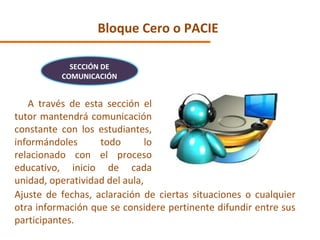 Bloque Cero o PACIE A través de esta sección el tutor mantendrá comunicación constante con los estudiantes, informándoles todo lo relacionado con el proceso educativo, inicio de cada unidad, operatividad del aula, Ajuste de fechas, aclaración de ciertas situaciones o cualquier otra información que se considere pertinente difundir entre sus participantes. SECCIÓN DE COMUNICACIÓN 