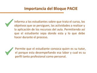 Importancia del Bloque PACIE Informa a los estudiantes sobre que trata el curso, los objetivos que se persiguen, las actividades a realizar y la aplicación de los recursos del aula. Permitiendo así que el estudiante sepa donde esta y lo que debe hacer durante el proceso.  Permite que el estudiante conozca quien es su tutor, el porque esta desempeñando esa labor y cual es su perfil tanto profesional como personal.  