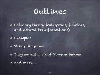Outlines 
Category theory (categories, functors, 
and natural transformations) 
Examples 
String diagrams 
Diagrammatic proof Yoneda lemma 
and more… 
9 
 
