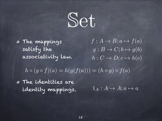 Set 
The mappings 
satisfy the 
associativity law. 
! 
The identities are 
identity mappings. 
13 
f : A ! B; a7! f(a) 
g : B ! C; b7! g(b) 
h : C ! D; c7! h(c) 
h  (g  f)(a) = h(g(f(a))) = (h  g)  f(a) 
1A : A ! A; a7! a 
 