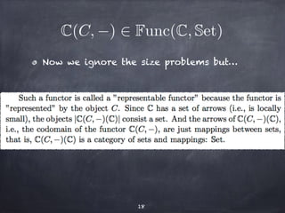 C(C,−) 2 Func(C, Set) 
Now we ignore the size problems but… 
18 
 