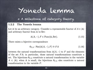 Yoneda lemma 
A milestone of category theory. 
21 
 