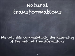 Natural 
transformations 
We call this commutativity the naturality 
of the natural transformations. 
8 
 