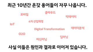 최근 10년간 온갖 용어들이 자꾸 나옵니다.
모바일
클라우드
빅데이터
데이터분석
머신러닝
O2O
4차산업혁명
IoT
DigitalTransformation
딥러닝
사실 이들은 원인과 결과로 이어져 있습니다.
 