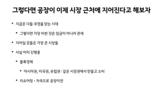 그렇다면 공장이 이제 시장 근처에 지어진다고 해보자
• 지금은 다들 국경을 닫는 시대
• 그렇다면 가장 비싼 것은 임금이 아니라 관세
• 지어질 곳들은 가장 큰 시장들
• 사실 이미 진행중
• 블록경제
• 아시아권, 미국권, 유럽권 : 같은 시장권에서 만들고 소비
• 리쇼어링 - 자국으로 공장이전
 