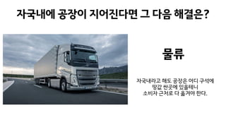 자국내에 공장이 지어진다면 그 다음 해결은?
물류
자국내라고 해도 공장은 어디 구석에
땅값 싼곳에 있을테니
소비자 근처로 다 옮겨야 한다.
 