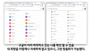 구글이 이미 파악하고 있는 나를 확인 할 수 있음
내 취향을 이렇게나 자세하게 알고 있으니, 그런 맞춤화가 가능했다.
 