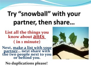 List all the things you know about  ants  ( in 1 minute) Next,  make a list with your partner … next share with the two people next to you or behind you . No duplications please!  