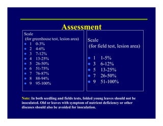 AssessmentAssessment
Scale
(for greenhouse test, lesion area)
1 0-3%
2 4-6%
3 7-12%
4 13-25%
5 26-50%
Scale
(for field tes...