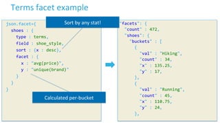 10	
  ©	
  Cloudera,	
  Inc.	
  All	
  rights	
  reserved.	
  
Terms	
  facet	
  example	
  
	
  json.facet={	
  
	
  	
  	
  shoes	
  :	
  {	
  
	
  	
  	
  	
  	
  type	
  :	
  terms,	
  	
  
	
  	
  	
  	
  	
  field	
  :	
  shoe_style,	
  
	
  	
  	
  	
  	
  sort	
  :	
  {x	
  :	
  desc},	
  
	
  	
  	
  	
  	
  facet	
  :	
  {	
  
	
  	
  	
  	
  	
  	
  	
  x	
  :	
  "avg(price)",	
  
	
  	
  	
  	
  	
  	
  	
  y	
  :	
  "unique(brand)"	
  
	
  	
  	
  	
  	
  }	
  
	
  	
  	
  }	
  
	
  }	
  
"facets":	
  {	
  
	
  	
  "count"	
  :	
  472,	
  
	
  	
  "shoes":	
  {	
  
	
  	
  	
  	
  "buckets"	
  :	
  [	
  
	
  	
  	
  	
  	
  	
  {	
  
	
  	
  	
  	
  	
  	
  	
  	
  "val"	
  :	
  "Hiking",	
  
	
  	
  	
  	
  	
  	
  	
  	
  "count"	
  :	
  34,	
  
	
  	
  	
  	
  	
  	
  	
  	
  "x"	
  :	
  135.25,	
  
	
  	
  	
  	
  	
  	
  	
  	
  "y"	
  :	
  17,	
  
	
  	
  	
  	
  	
  	
  },	
  
	
  	
  	
  	
  	
  	
  {	
  
	
  	
  	
  	
  	
  	
  	
  	
  "val"	
  :	
  "Running",	
  
	
  	
  	
  	
  	
  	
  	
  	
  "count"	
  :	
  45,	
  
	
  	
  	
  	
  	
  	
  	
  	
  "x"	
  :	
  110.75,	
  
	
  	
  	
  	
  	
  	
  	
  	
  "y"	
  :	
  24,	
  
	
  	
  	
  	
  	
  	
  },	
  
	
  
Calculated	
  per-­‐bucket	
  
Sort	
  by	
  any	
  stat!	
  
 