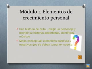 Módulo 1. Elementos de
crecimiento personal
O Una historia de éxito… elegir un personaje y

escribir su historia: deportistas, científicos,
músicos
O Mapa conceptual: elementos positivos y
negativos que se deben tomar en cuenta

 
