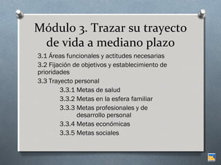 Módulo 3. Trazar su trayecto
de vida a mediano plazo
3.1 Áreas funcionales y actitudes necesarias
3.2 Fijación de objetivos y establecimiento de
prioridades
3.3 Trayecto personal
3.3.1 Metas de salud
3.3.2 Metas en la esfera familiar
3.3.3 Metas profesionales y de
desarrollo personal
3.3.4 Metas económicas
3.3.5 Metas sociales

 