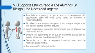 V. El Soporte Estructurado A Los Alumnos En
Riesgo: Una Necesidad urgente.
 Para brindar soporte y apoyo al alumno el responsable del
seguimiento debe de verlo como sujeto de derechos y
responsabilidades.
 Se deberá trazar un plan de apoyo y soporte que integre a los
tres actores padres-alumnos-escuela.
 Incluir mecanismos como los compromisos que el alumno esta
dispuesto a asumir.
 Elaborar un documento en el que el estudiante escriba con su
puño y letra a qué puede comprometerse.
 Desarrollar protocolos de respuesta inmediata ante casos de
riesgo de baja definitiva.
 Documentación del seguimiento.
 