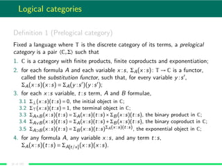 Logical categories
Deﬁnition 1 (Prelogical category)
Fixed a language where T is the discrete category of its terms, a pre...