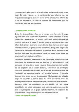 correspondiente a la pregunta; si es afirmativa, basta dejar la tarjeta en su
lugar. De esta manera, se va conformando una columna con las
respuestas dadas por el joven. Se puede formar otra columna al frente de
la de las respuestas, en esta se colocan las deducciones que los
muchachos sacan de las respuestas.



. Juego con una diferencia:

Entre dos bloques lógicos hay, por lo menos, una diferencia. El juego
siguiente sirve para ayudar a los muchachos a tomar conciencia de estas
diferencias y semejanzas. Un alumno coloca una pieza cualquiera del
conjunto encima de la mesa. El alumno siguiente elegirá una pieza que
difiera de la primera solamente en un atributo. Esta diferencia tendrá que
referirse al tamaño, al grosor, al color o a la forma. El siguiente elegirá una
pieza que se diferencie de la segunda, igualmente, por un solo atributo. El
ejercicio continuará de esta manera, hasta que todas o casi todas las
piezas estén colocadas en una hilera.

Las formas o medidas de enseñanza son los distintos escenarios donde
tiene lugar las actividades para ser realizado por el profesorado y el
alumnado a lo largo de un curso, y que se diferencia entre si en función
de los propósitos de la acción didáctica, seleccionar las estrategias
didácticas dependerá del contexto en el cual se desarrolla la clase ,el
“contenido” que se quiera enseñar , el “propósito” docente . El docente
debe de tener un sin numero de estrategias didácticas para ser utilizado
según lo requerido, a demás debe de existir coherencia entre las
estrategias didascálicas seleccionadas y los contenidos que se proponen.
Asimismo todos los estudiantes no son iguales por ello habrá
posibilidades de aplicar estrategias cada vez mas autónomas, cuando
esto se aya logrado que el grupo capte lo enseñado, la aceptación de
propuestas de trabajo solidario podrá dar sus primeros frutos.
Juego con dos diferencias:
                                                                            21
 